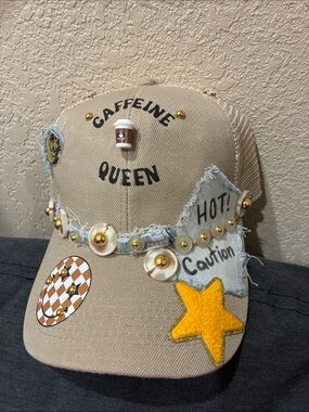Caffeine Queen Beige Custom Embellished Trucker Cap